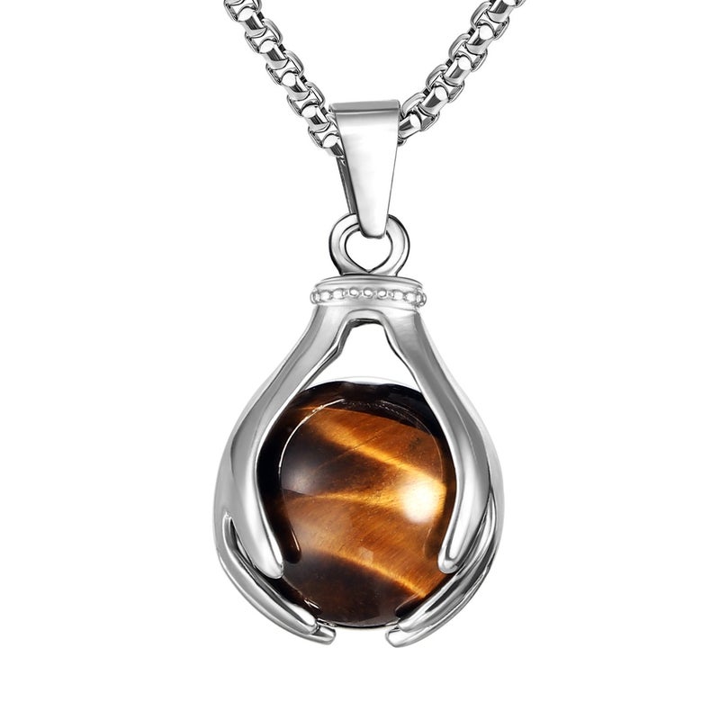 BEADNOVA Healing Natural Brown Tiger Eye Gemstone Necklace Crystal Ball Pendant Necklace with Stainless Steel Chain 18 Inches - Image 1
